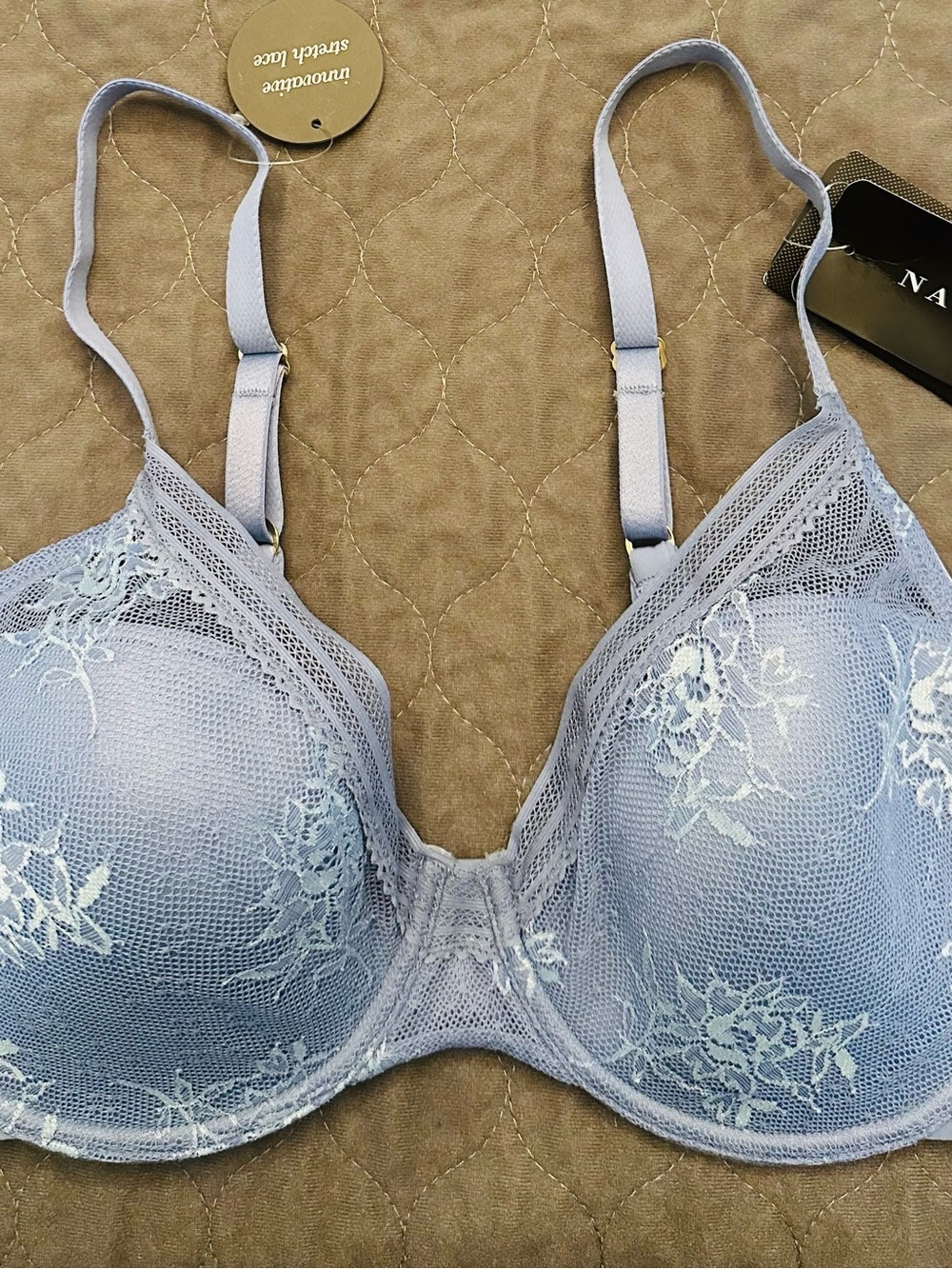 Natori Light Blue Lace Underwire Bra with Floral Embroidery Size 36C